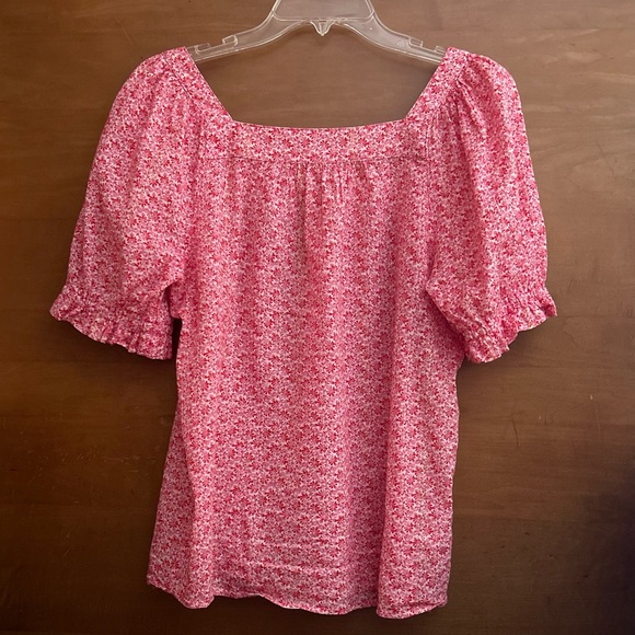 LOFT Pink Floral Shimmer Blouse Women’s Small Popover Top Puff Sleeve‎         J - Picture 4 of 13